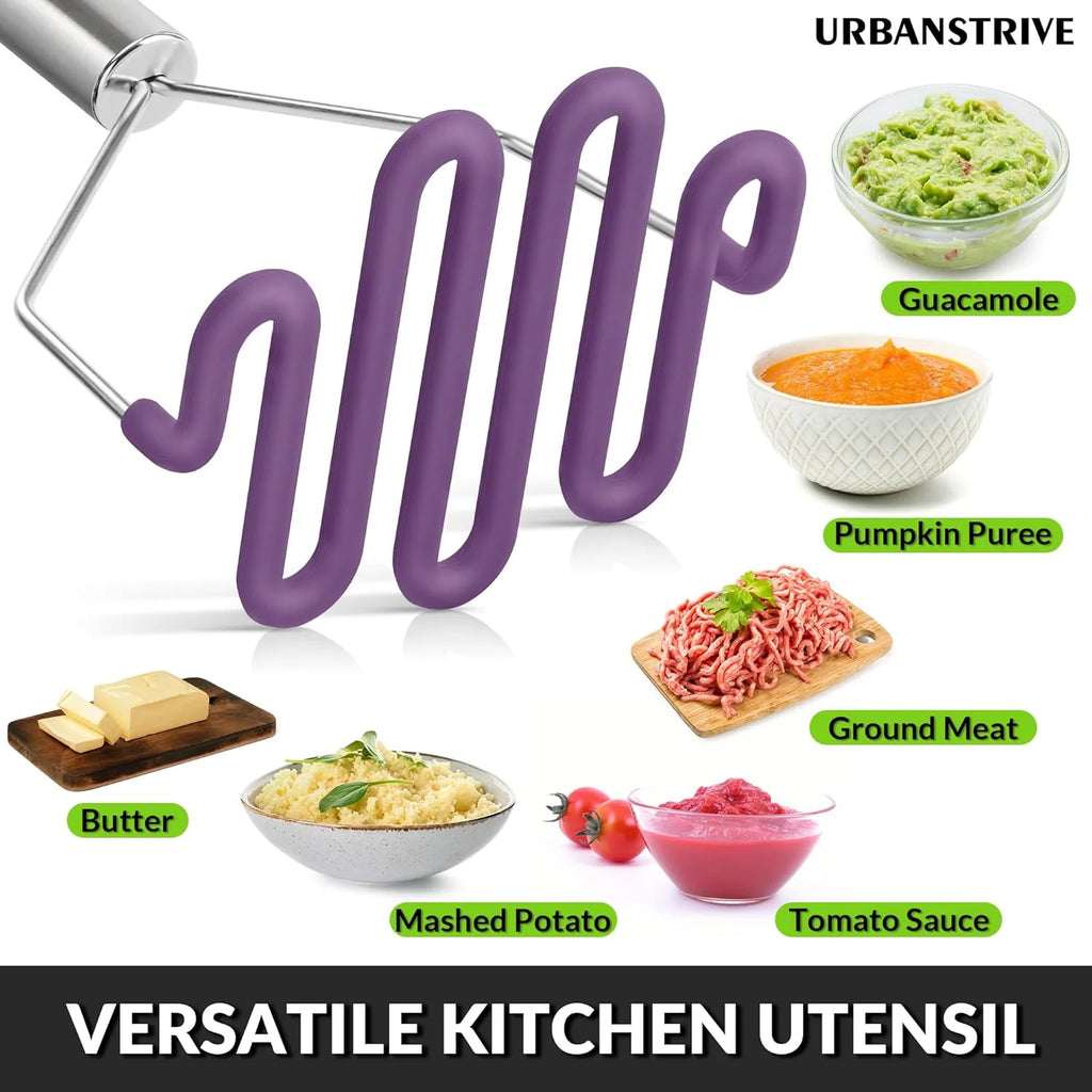 Scratch-resistant silicone potato mash maker kitchen tool stainless steel outer layer wrapped with durable silicone. – Durable Stainless Steel Construction with a Practical Everyday Design