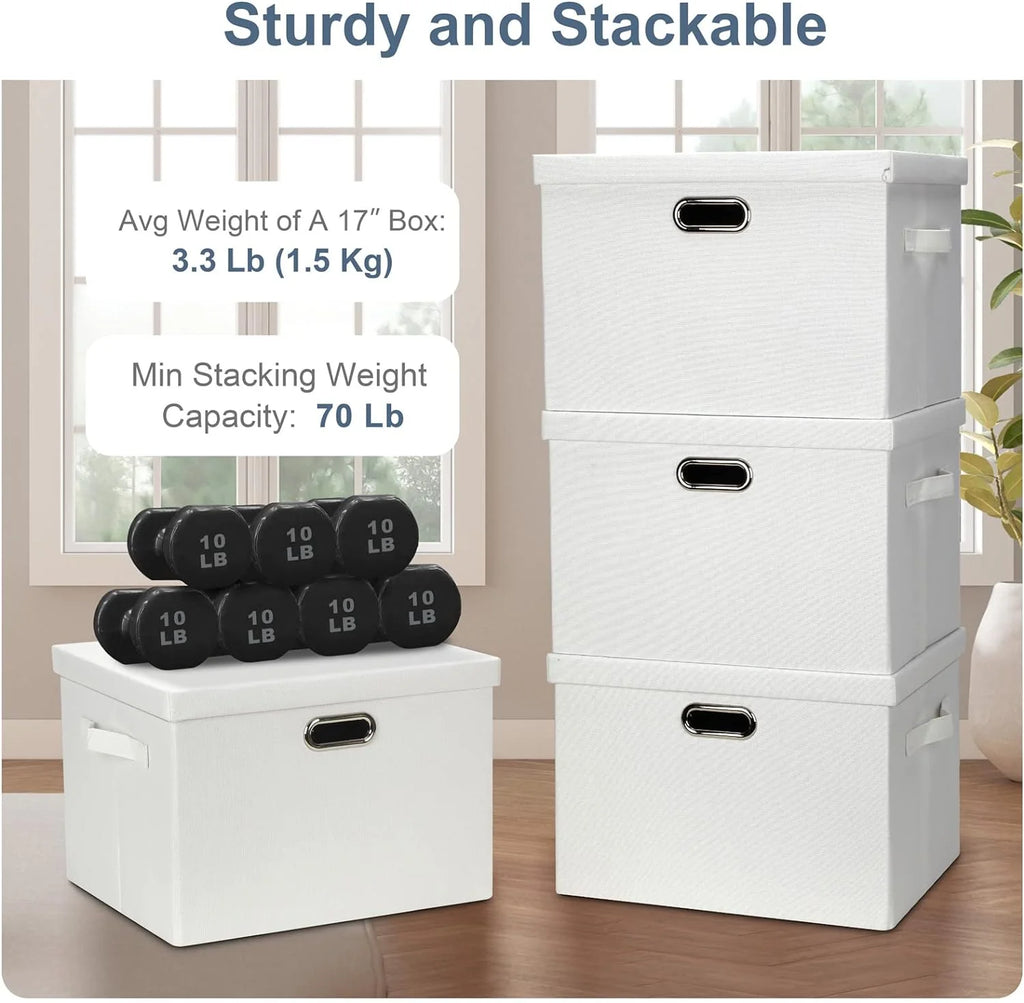 Large 17" 36 Quart Collapsible Stackable Storage Bins with Lids 3 Packs White Linen Fabric Closet Boxes with Lids Storage Cube Baskets Container Organizers for Bedroom Office(17 x12 x11) – Multiroom Organization Format with a Practical Everyday Design