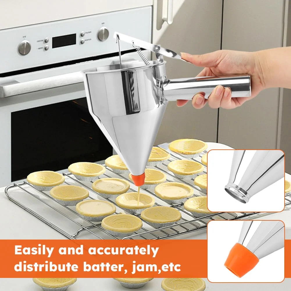 Stainless Steel Pancake Batter Dispenser with Squeeze Handle Kitchen Funnel Tools Pancake Dispenser for Pancakes Cupcakes Takoyaki and Baked Goods – Convenient Carry Handles with a Practical Everyday Design