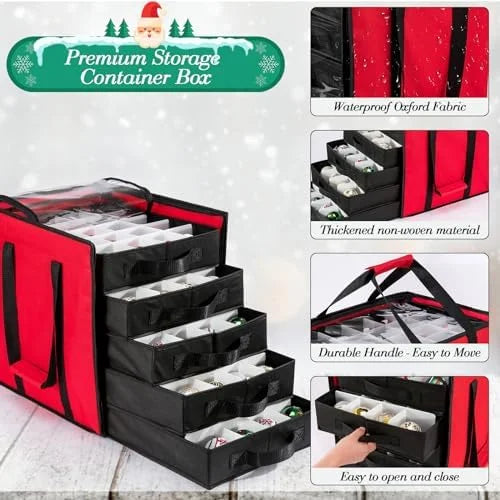 Christmas Ornament Storage Containers -Holds Up to 100 Holiday Ornaments with 5 Removable Trays Large Storage Box with Clear Covered Top & Sturdy Handles – Clear-View Organization with a Practical Everyday Design