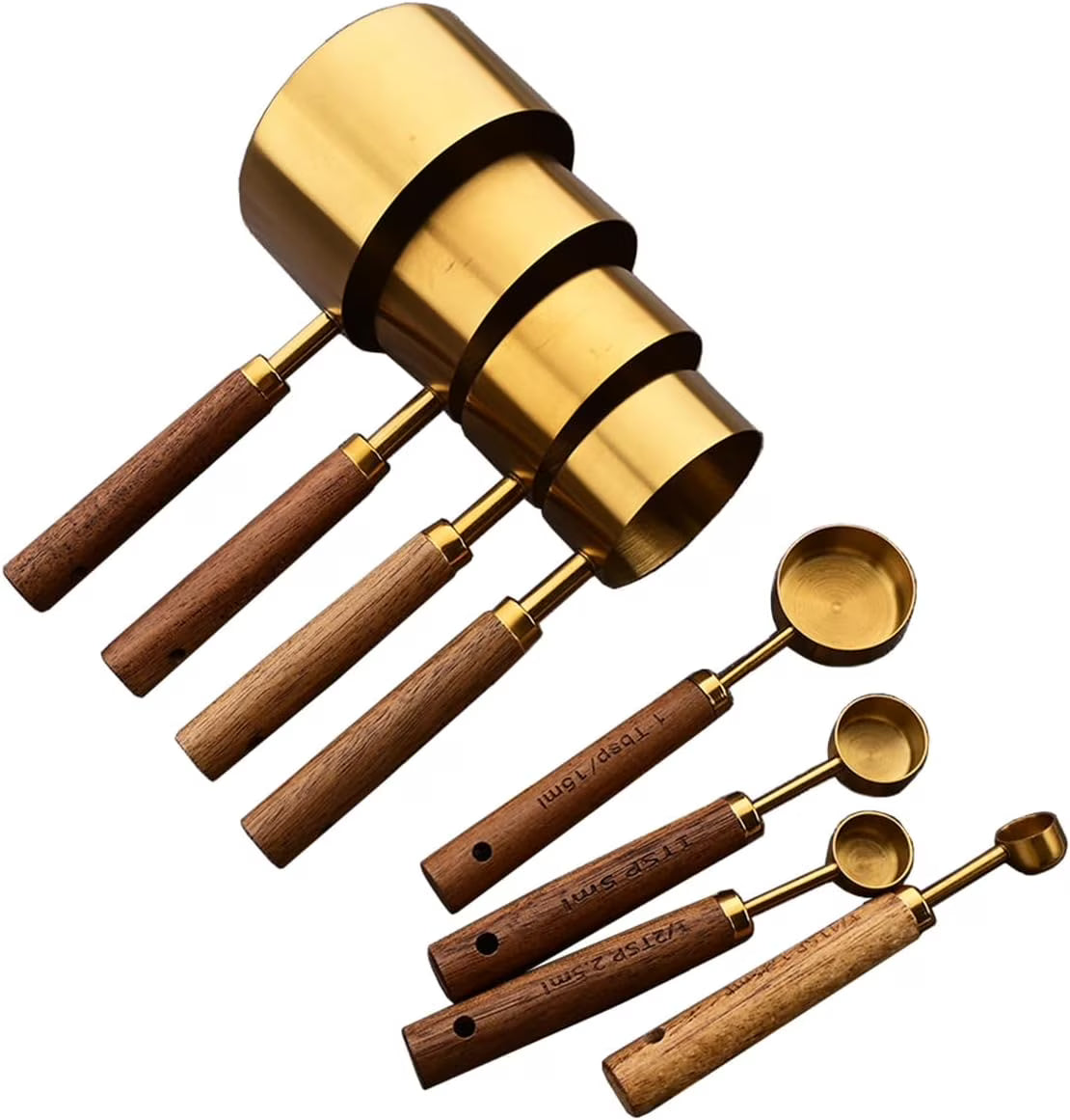 8 pieces Golden Measuring Cups Set and Measuring Spoons Set with Scale Wooden Handle Stainless Steel Dry & Liquid Measuring Cup for Cooking Baking – Convenient Carry Handles with a Practical Everyday Design