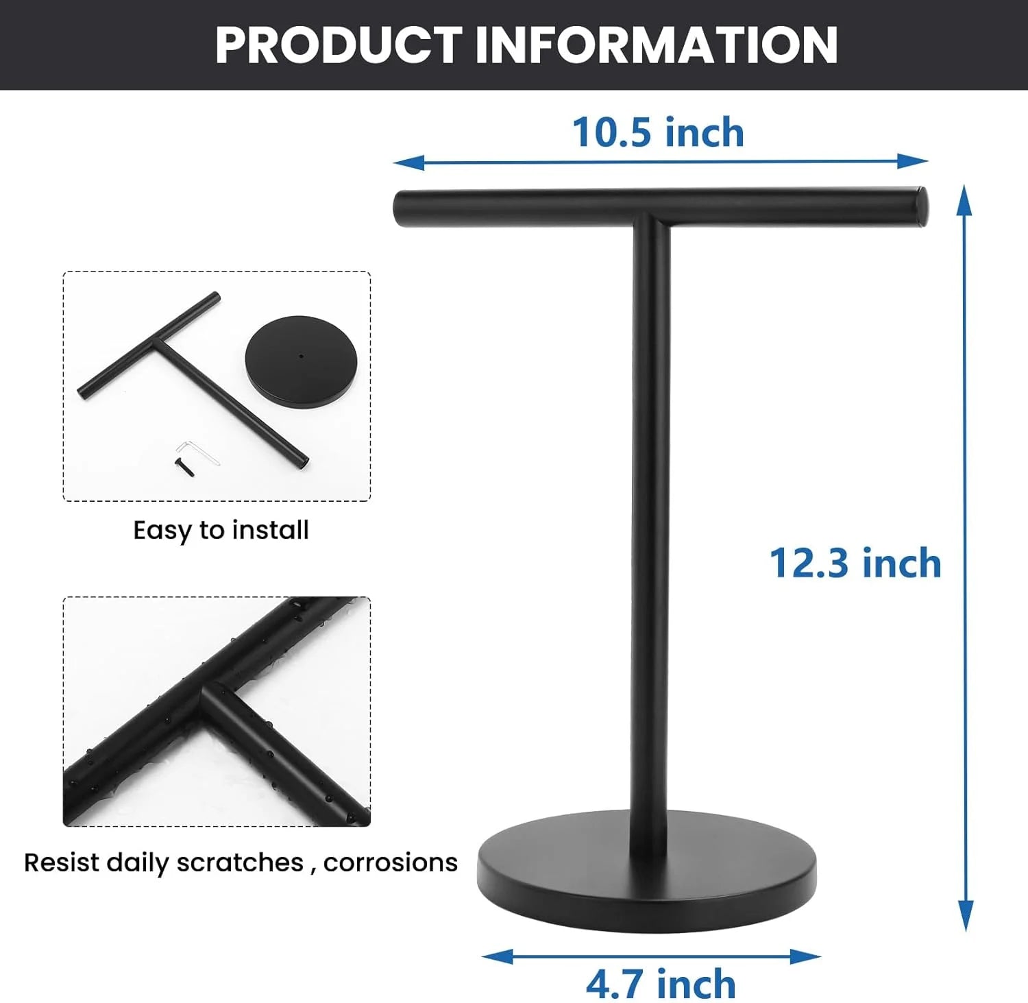T-Shape Bath Hand Towel Holder Stand Stainless Steel Free Standing Hand Towel Rack with Heavy Base for Bathroom Kitchen & Countertop Matte Black – Durable Stainless Steel Construction with a Practical Everyday Design