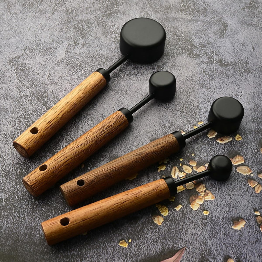 8 pieces Golden Measuring Cups Set and Measuring Spoons Set with Scale Wooden Handle Stainless Steel Dry & Liquid Measuring Cup for Cooking Baking – Convenient Carry Handles with a Practical Everyday Design
