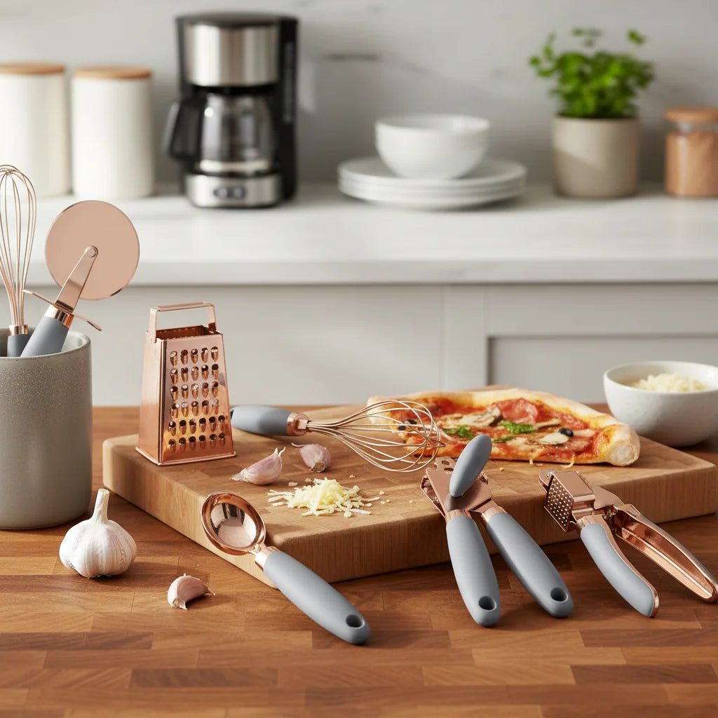 7-Piece Kitchen Gadget Set Copper Coated Stainless Steel Tableware with Soft Touch Handle – Convenient Carry Handles with a Practical Everyday Design