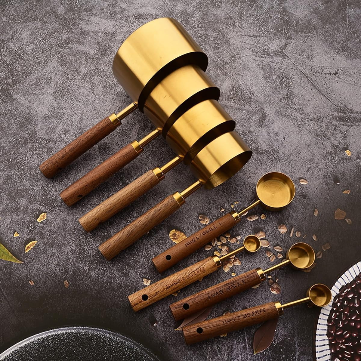 8 pieces Golden Measuring Cups Set and Measuring Spoons Set with Scale Wooden Handle Stainless Steel Dry & Liquid Measuring Cup for Cooking Baking – Convenient Carry Handles with a Practical Everyday Design