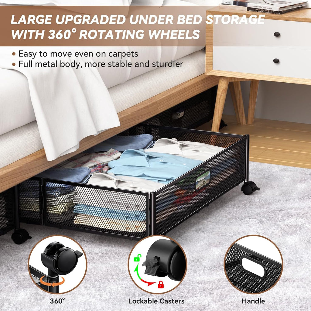 Under Bed Storage Containers with Wheels - Shoe Storage Organizer Drawer Tool-free Assembly Metal Underbed Storage for Bedroom Clothes Shoes Blankets - 2Pack – Multiroom Organization Format with a Practical Everyday Design