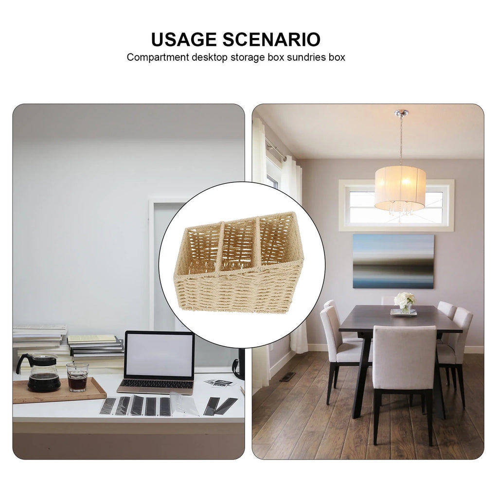 2pcs Woven 3 Compartments Woven Storage Box Bin Makeup Container Cube Organizer Divider for Home Bathroom Bedroom Closet Table Remote Beige – Everyday Household Format with a Practical Everyday Design