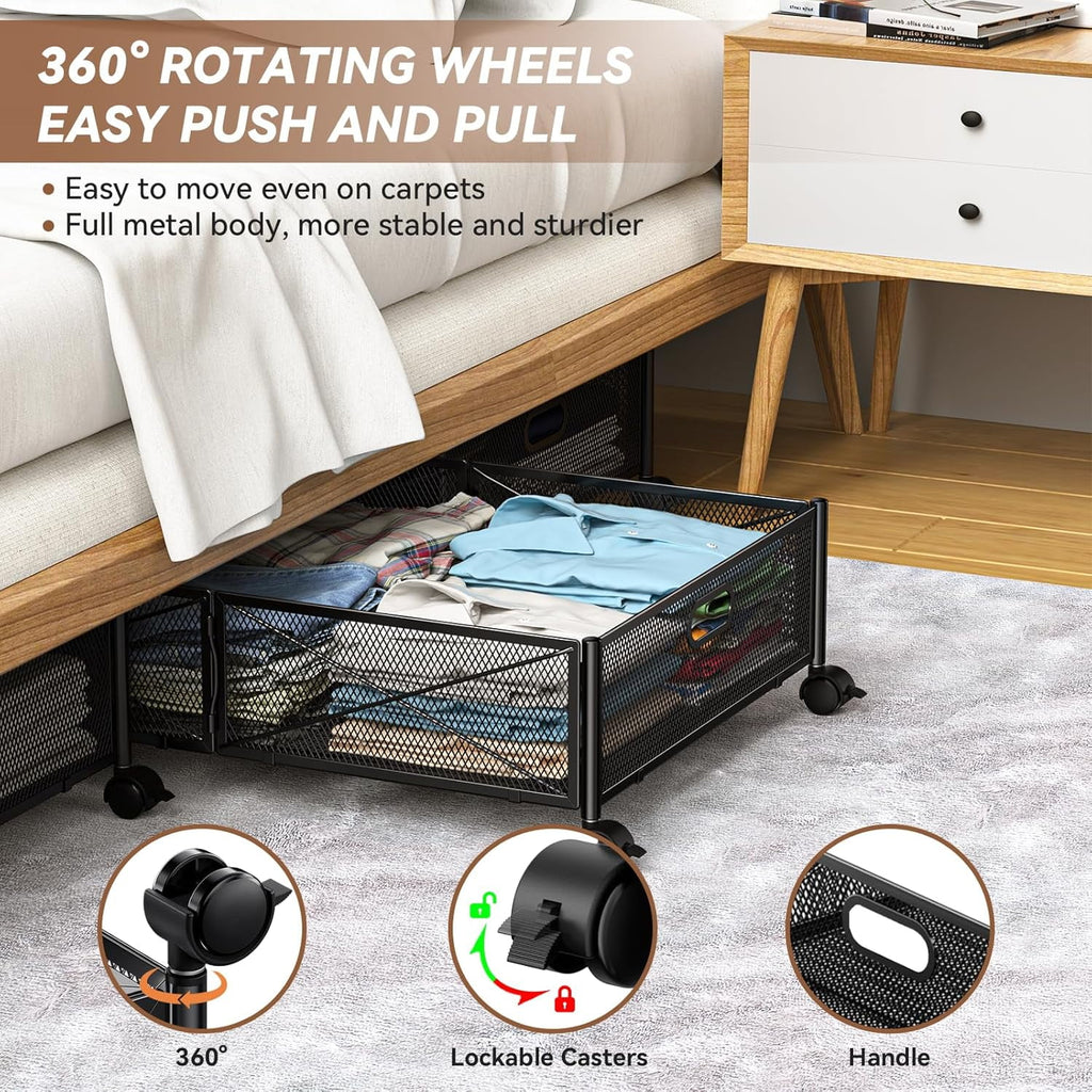 Under Bed Storage Containers with Wheels - Shoe Storage Organizer Drawer Tool-free Assembly Metal Underbed Storage for Bedroom Clothes Shoes Blankets - 2Pack – Multiroom Organization Format with a Practical Everyday Design