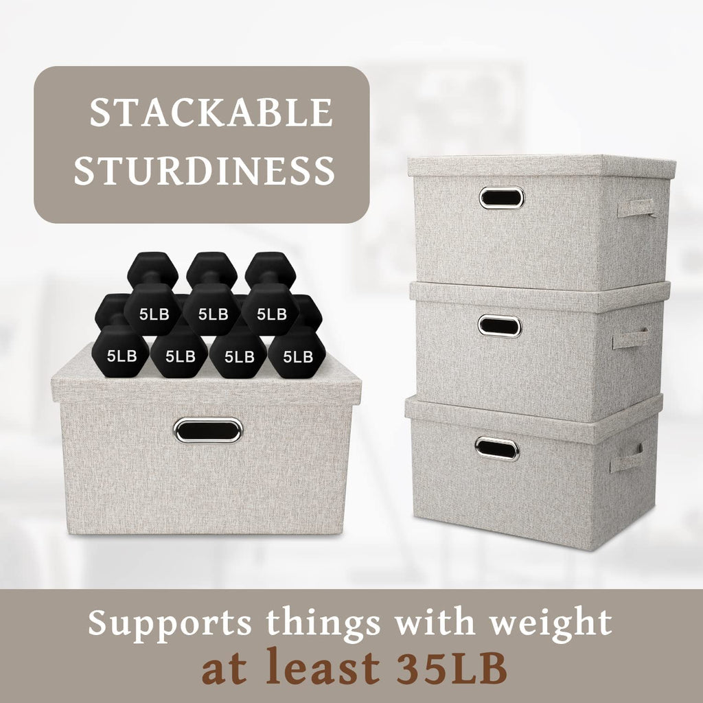 Medium 15" 21 Quart Collapsible Stackable Storage Bins with Lids 5 Packs Beige Foldable Fabric Closet Boxes Heavy-duty Lidded Linen Cube Baskets Container Organizers and Storage – Multiroom Organization Format with a Practical Everyday Design