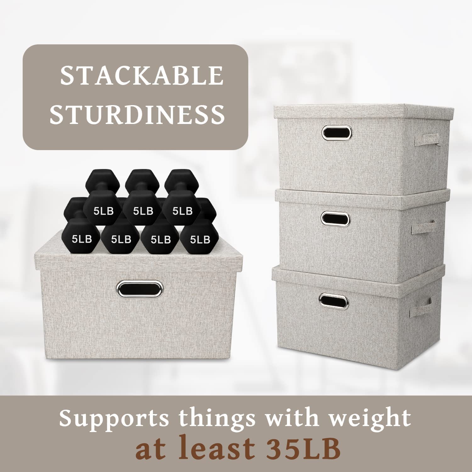 Medium 15" 21 Quart Collapsible Stackable Storage Bins with Lids 5 Packs Beige Foldable Fabric Closet Boxes Heavy-duty Lidded Linen Cube Baskets Container Organizers and Storage – Multiroom Organization Format with a Practical Everyday Design