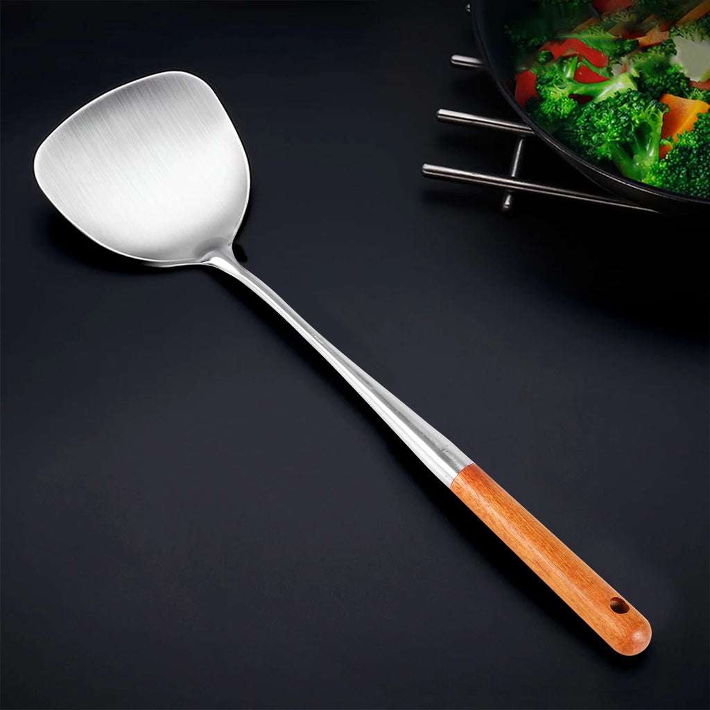 Long Handle Stainless Steel Wok Kitchen Slotted Turner Rice Spoon Ladle Cooking Tools Utensil Set – Convenient Carry Handles with a Practical Everyday Design