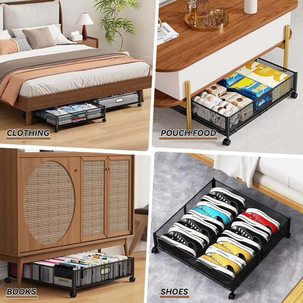 Under Bed Storage Containers with Wheels - Shoe Storage Organizer Drawer Tool-free Assembly Metal Underbed Storage for Bedroom Clothes Shoes Blankets - 2Pack – Multiroom Organization Format with a Practical Everyday Design