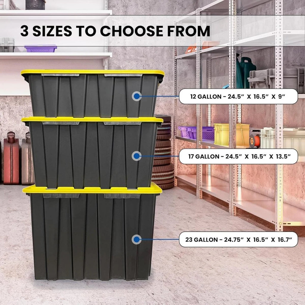 8 PACK of Medium 12 Gallon Plastic Storage Bin Tote Organizing Container with Ultra Durable Secure Latching Lids Stackable Extra Strength Clear with Built in Handle - Black and Yellow – Stackable Organization with a Practical Everyday Design