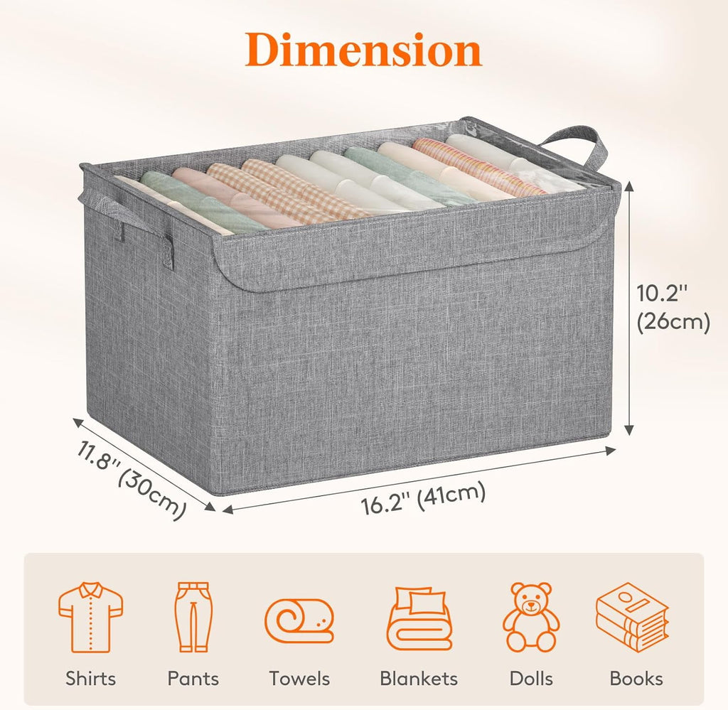 Fabric Storage Boxes 6 Pcs Stackable Storage Bins with Clear Lids Foldable Oxford Cloth Cube Closet Organizer Baskets Clothes Containers for Towels Blankets Books Light Grey-Large – Foldable Space-Saving Design with a Practical Everyday Design