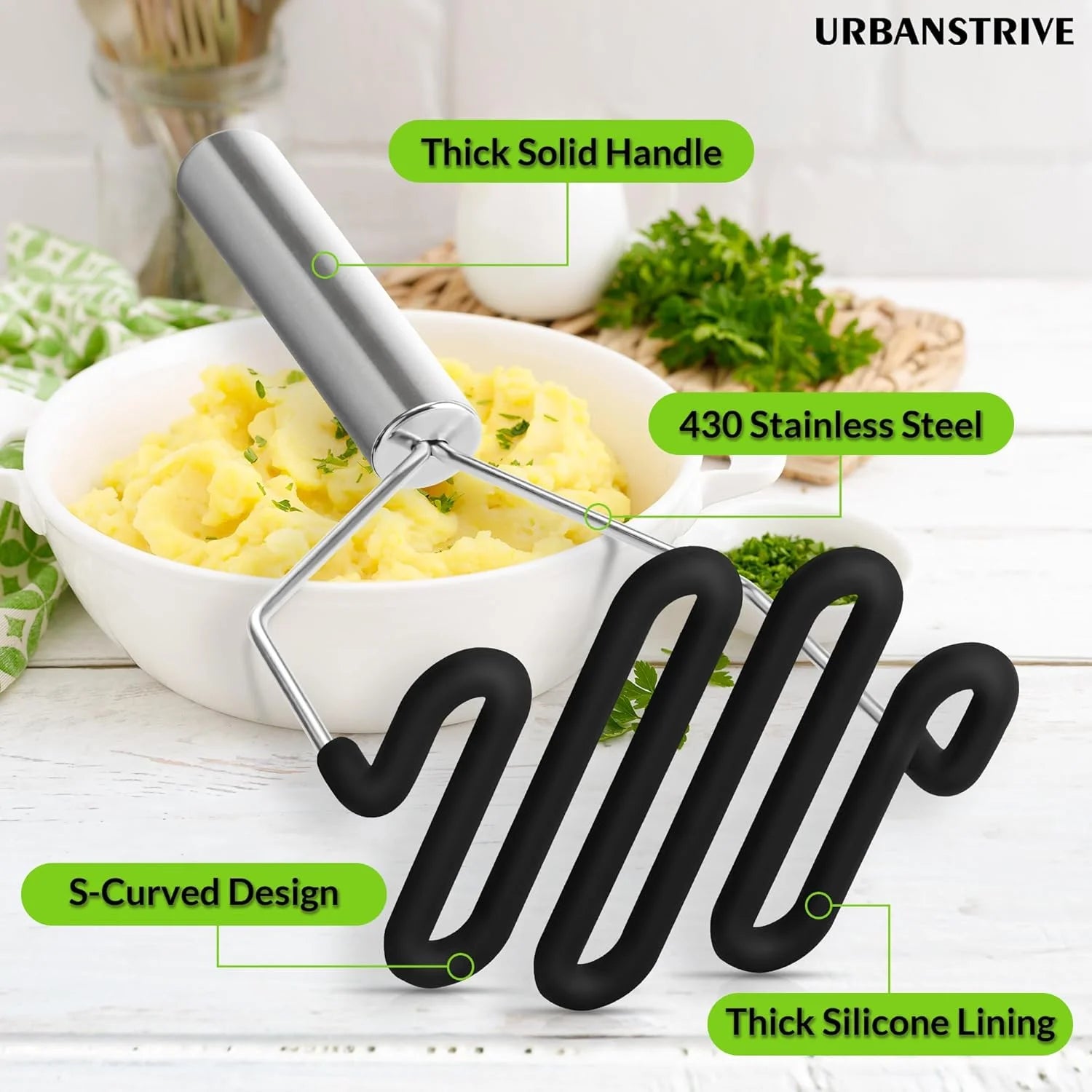 Non-Scratch Silicone Potato Masher Kitchen Tool Potatoes Masher Potato Masher Stainless Steel Wrapped In Well-crafted Silicone Potato Smasher Black – Durable Stainless Steel Construction with a Practical Everyday Design