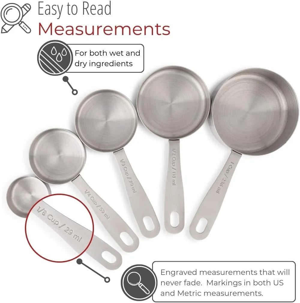 Stainless Steel Measuring Cups Heavy-Duty 5-Piece Set with Storage Ring – Kitchen Measuring Tools – Durable Stainless Steel Construction with a Practical Everyday Design