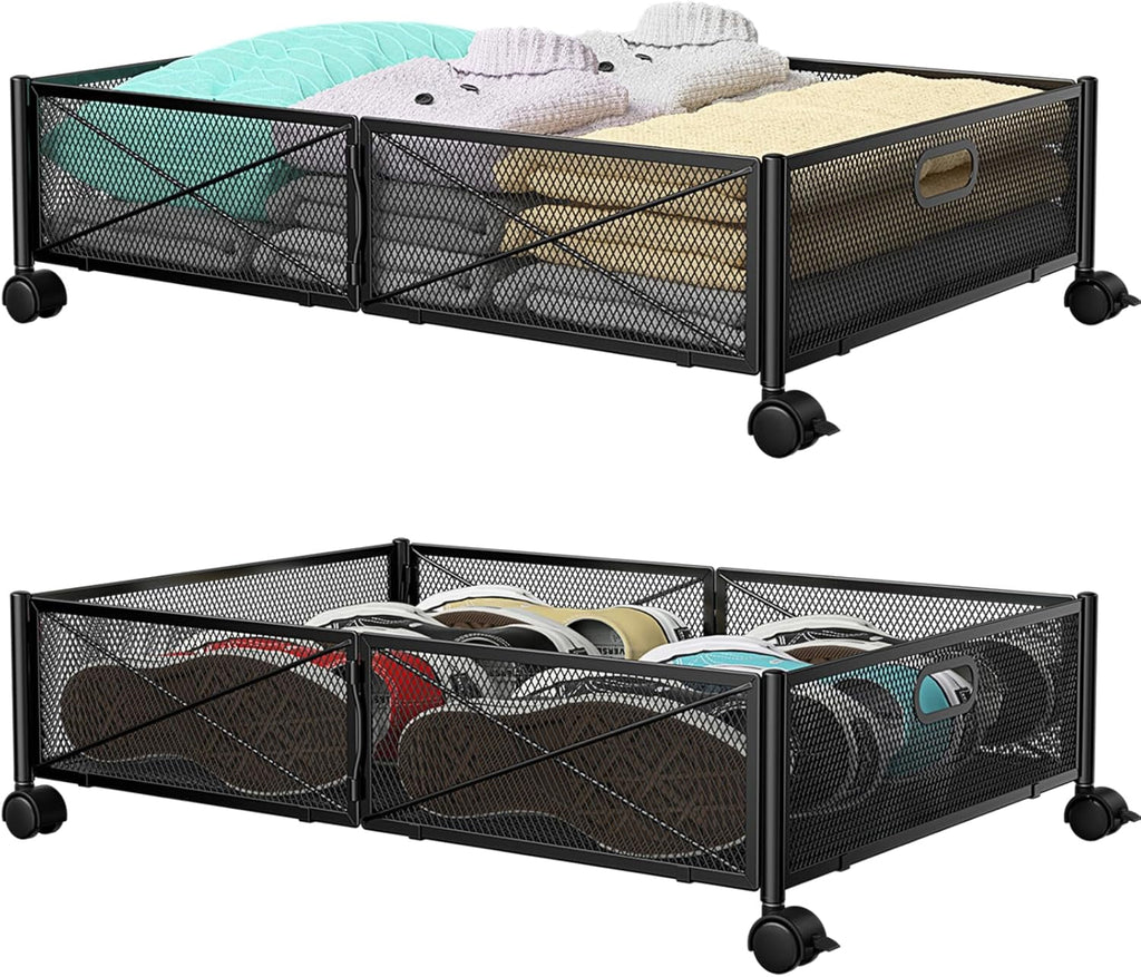 Under Bed Storage Containers with Wheels - Shoe Storage Organizer Drawer Tool-free Assembly Metal Underbed Storage for Bedroom Clothes Shoes Blankets - 2Pack – Multiroom Organization Format with a Practical Everyday Design