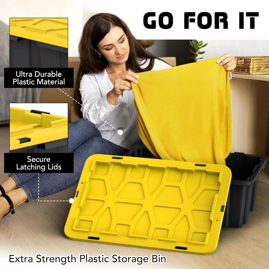 8 PACK of Medium 12 Gallon Plastic Storage Bin Tote Organizing Container with Ultra Durable Secure Latching Lids Stackable Extra Strength Clear with Built in Handle - Black and Yellow – Stackable Organization with a Practical Everyday Design
