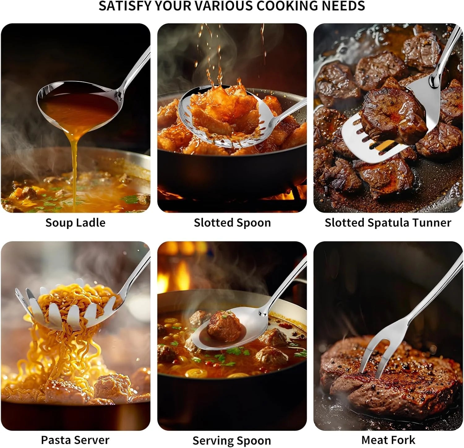 304 Stainless Steel Kitchen Utensils Set 6 Pcs Long Metal Cooking Utensil with Spatula Solid Spoon Ladle Skimmer Spaghetti Spoon Meat Fork Dishwasher Suitable – Durable Stainless Steel Construction with a Practical Everyday Design