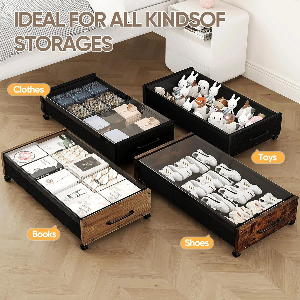 Wooden Under Bed Storage with Wheels Rolling Under the Bed Storage Bins with Removable Lid Metal Under Bed Drawers for Clothes and Shoes in Bedroom or Living Room(Black Wood-2pack) – Easy-Roll Mobility with a Practical Everyday Design