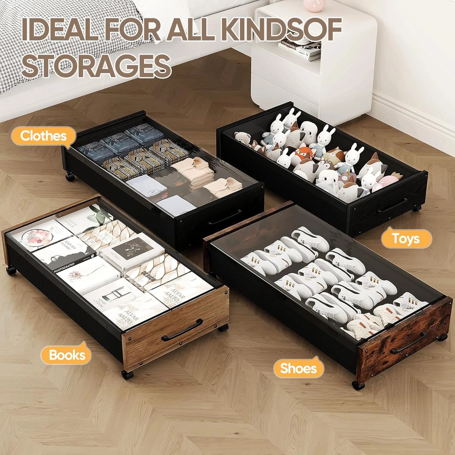 Wooden Under Bed Storage with Wheels Rolling Under the Bed Storage Bins with Removable Lid Metal Under Bed Drawers for Clothes and Shoes in Bedroom or Living Room(Black Wood-2pack) – Easy-Roll Mobility with a Practical Everyday Design