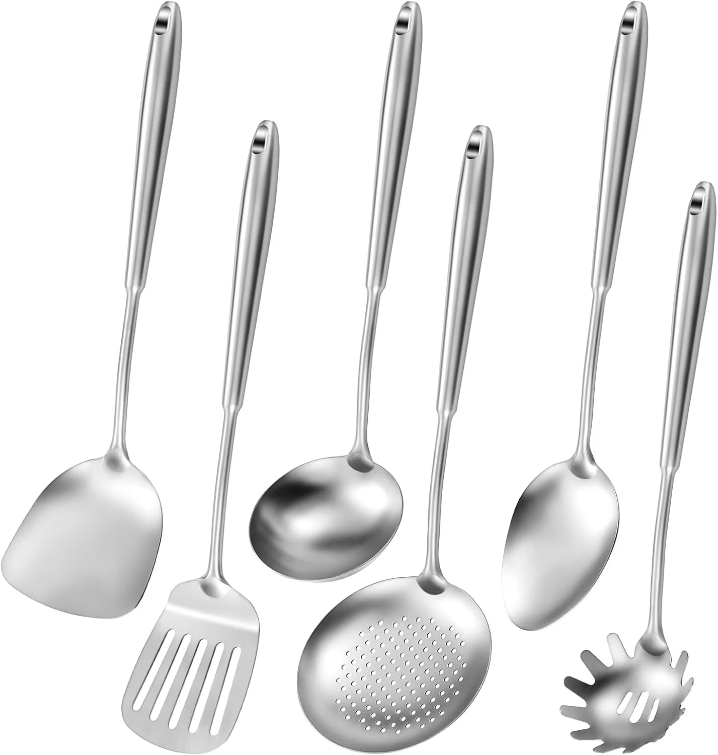 304 Stainless Steel Cooking Utensils,6 Pcs Kitchen Cooking Utensils Set with Spatula Solid Spoon Ladle Skimmer Spaghetti Spoon,Dishwasher Suitable – Durable Stainless Steel Construction with a Practical Everyday Design