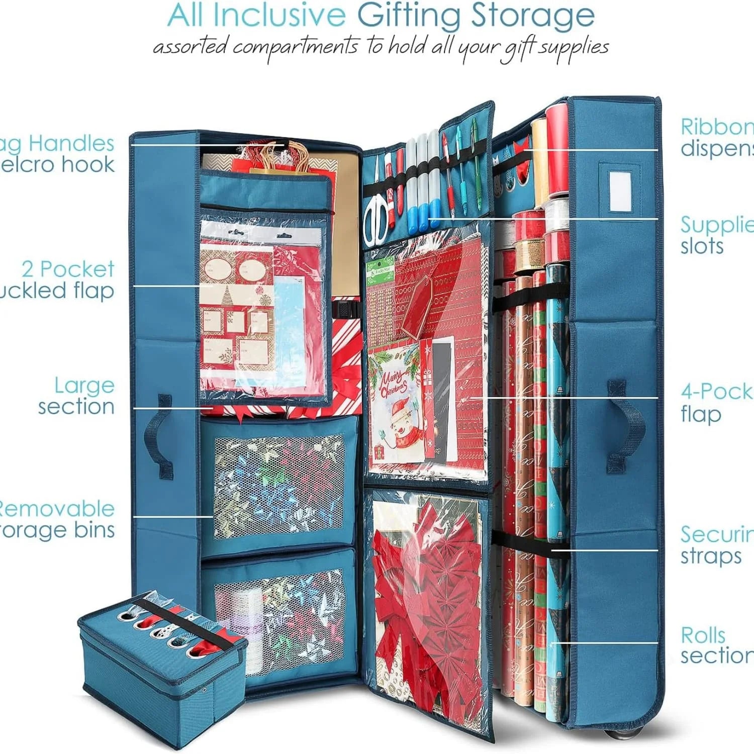 Wrapping Paper Storage Container with Ribbon Dispenser and Interior Pockets - Large Christmas Storage Containers with Wheels Fits 30 Rolls of 40" Length Blue – Everyday Household Format with a Practical Everyday Design