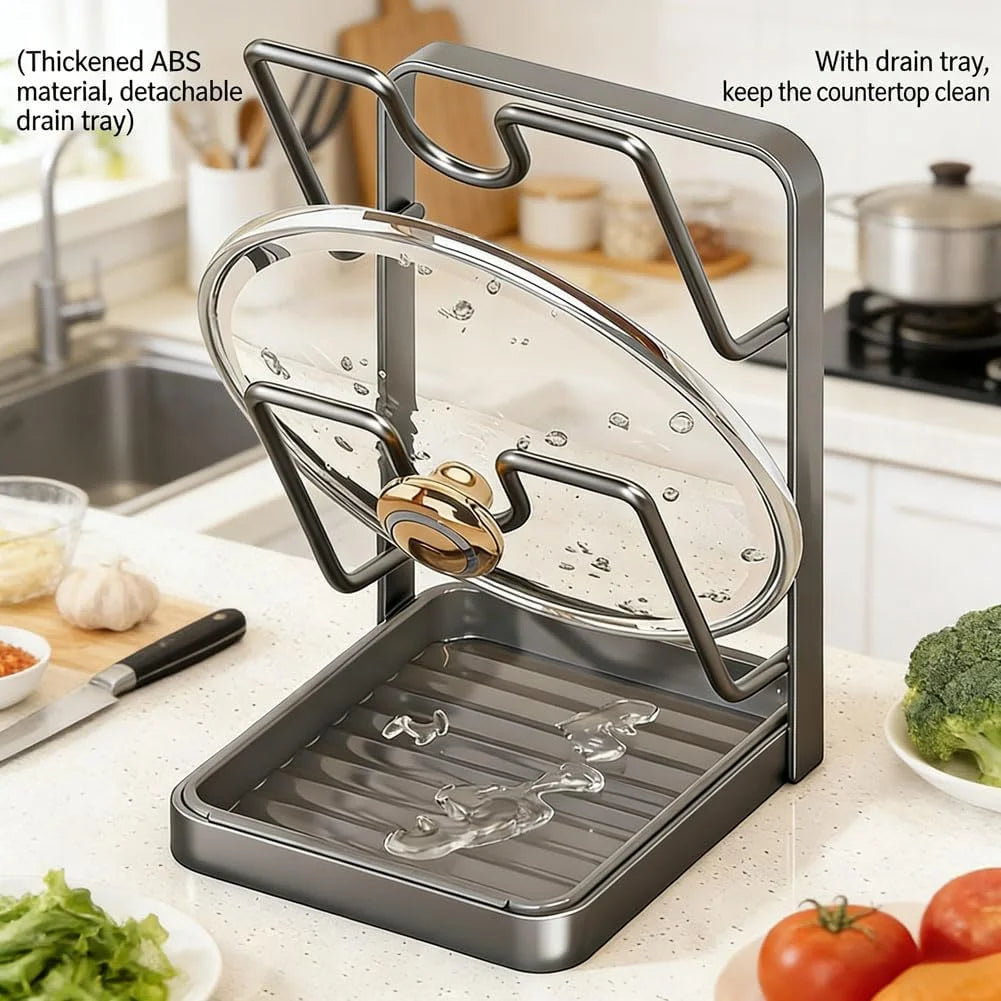 Kitchen Pot Lid Storage Rack Stainless Steel Pot Lid Holder While Cooking & Spoon Rest Multifunctional Pot Lid Organizer with Removable Drip Tray for Countertop Space-Saving Lid Rack – Durable Stainless Steel Construction with a Practical Everyday Design