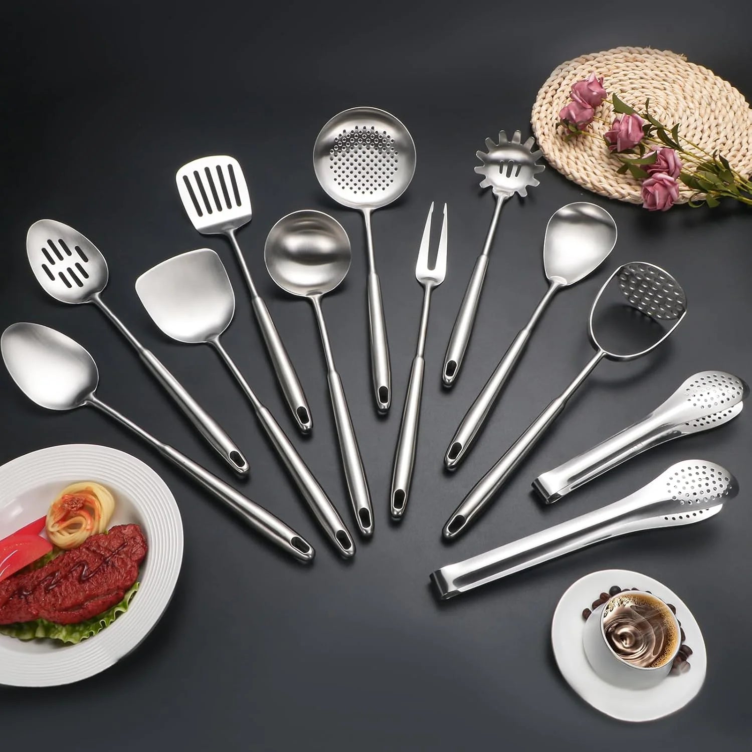 304 Stainlss Steel Kitchen Utensils Set 12 Pcs Long Metal Cooking Utensil Gadgets Tools Set with Spatula Ladle Spoon Ladle Skimmer Tunner Pasta Server Tongs(Silver Dishwasher Suitable) – Convenient Multi-Piece Set with a Practical Everyday Design