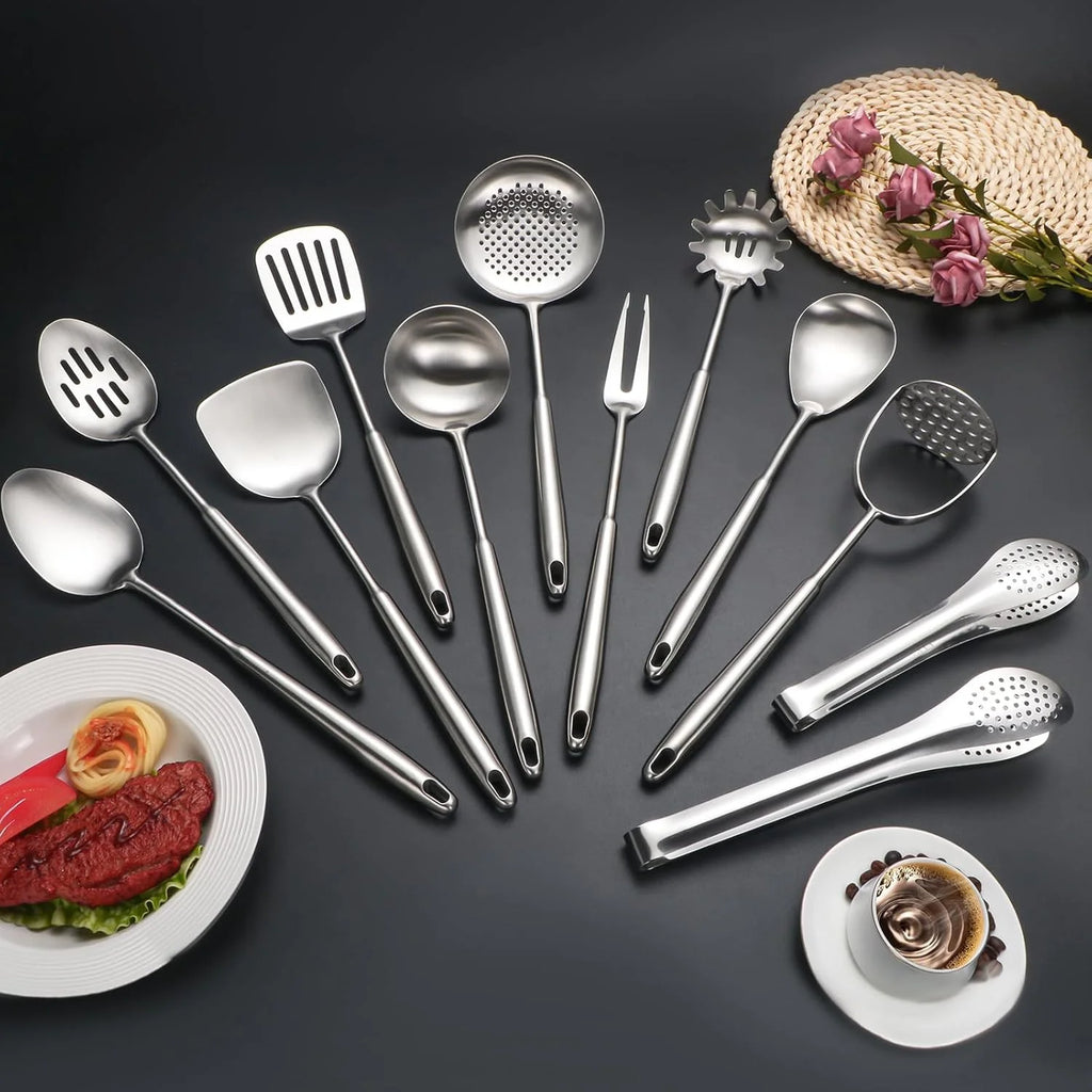 304 Stainless Steel Cooking Utensils,6 Pcs Kitchen Cooking Utensils Set with Spatula Solid Spoon Ladle Skimmer Spaghetti Spoon,Dishwasher Suitable – Durable Stainless Steel Construction with a Practical Everyday Design