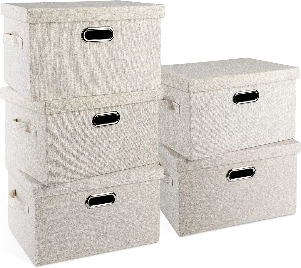Medium 15" 21 Quart Collapsible Stackable Storage Bins with Lids 5 Packs Beige Foldable Fabric Closet Boxes Heavy-duty Lidded Linen Cube Baskets Container Organizers and Storage – Everyday Household Format with a Practical Everyday Design