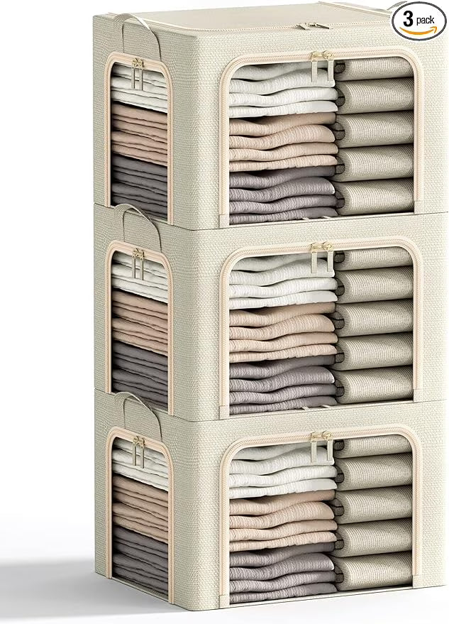 3 Openings Clothes Storage Bins with Metal Frame Foldable Storage Bin for Clothes Clothing Storage Bins with Lid Linen Storage Box With Clear Window＆ Zippers＆ Durable Handles.(3 Pcs,Beige,40L) – Everyday Household Format with a Practical Everyday Design