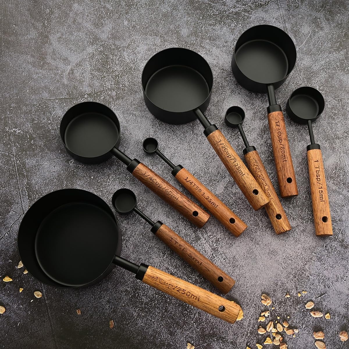 8 pieces Black Measuring Cups Set and Measuring Spoons Set with Scale Wooden Handle Stainless Steel Dry & Liquid Measuring Cup for Cooking Baking – Convenient Carry Handles with a Practical Everyday Design