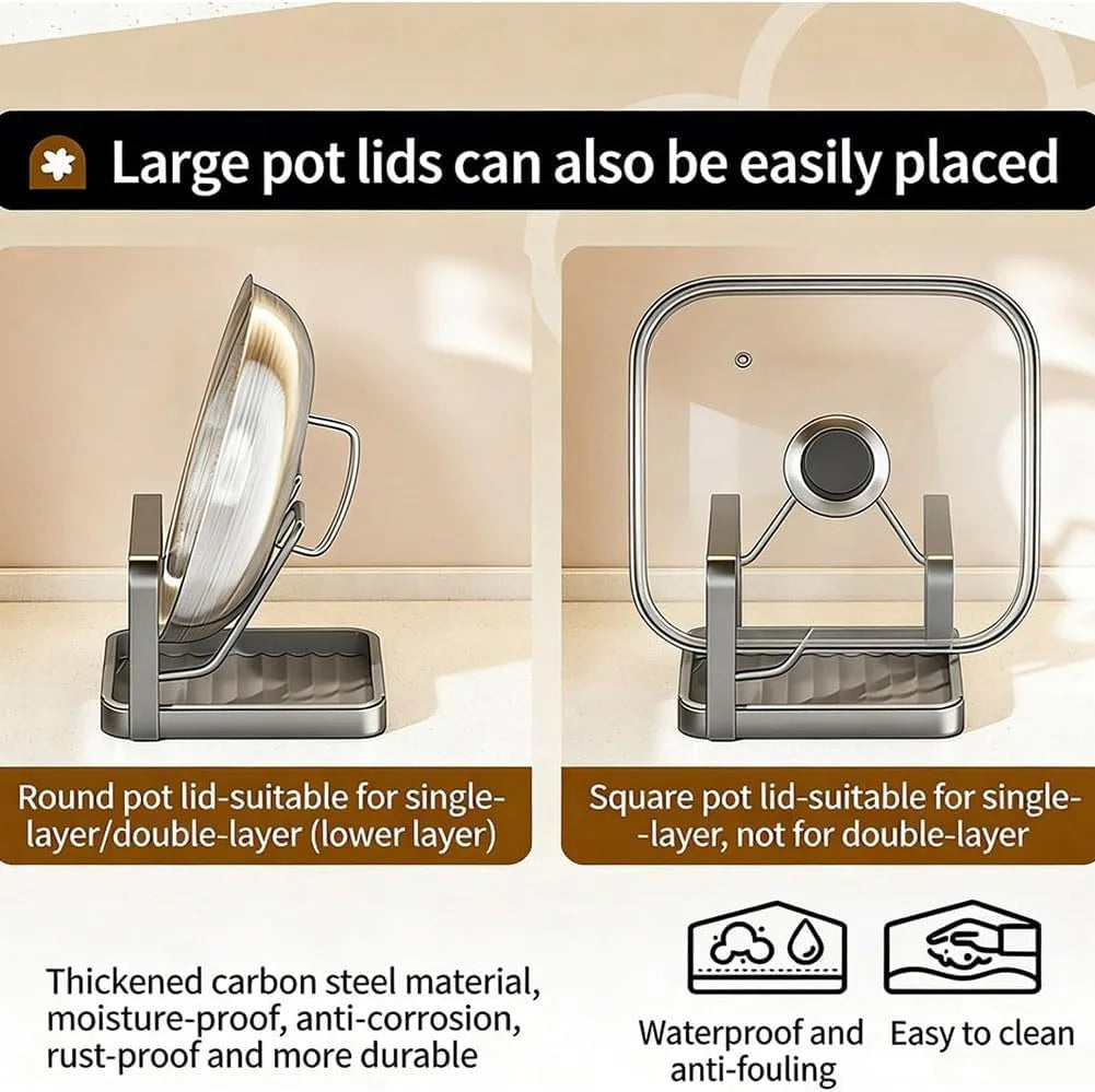 Kitchen Pot Lid Storage Rack Stainless Steel Pot Lid Holder While Cooking & Spoon Rest Multifunctional Pot Lid Organizer with Removable Drip Tray for Countertop Space-Saving Lid Rack – Durable Stainless Steel Construction with a Practical Everyday Design