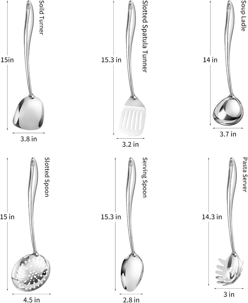 304 Stainless Steel Cooking Utensils Set,6 Pcs Long Metal Kitchen Utensils Set with Spatula Solid Spoon Ladle Skimmer Spaghetti Spoon,Dishwasher Suitable – Durable Stainless Steel Construction with a Practical Everyday Design
