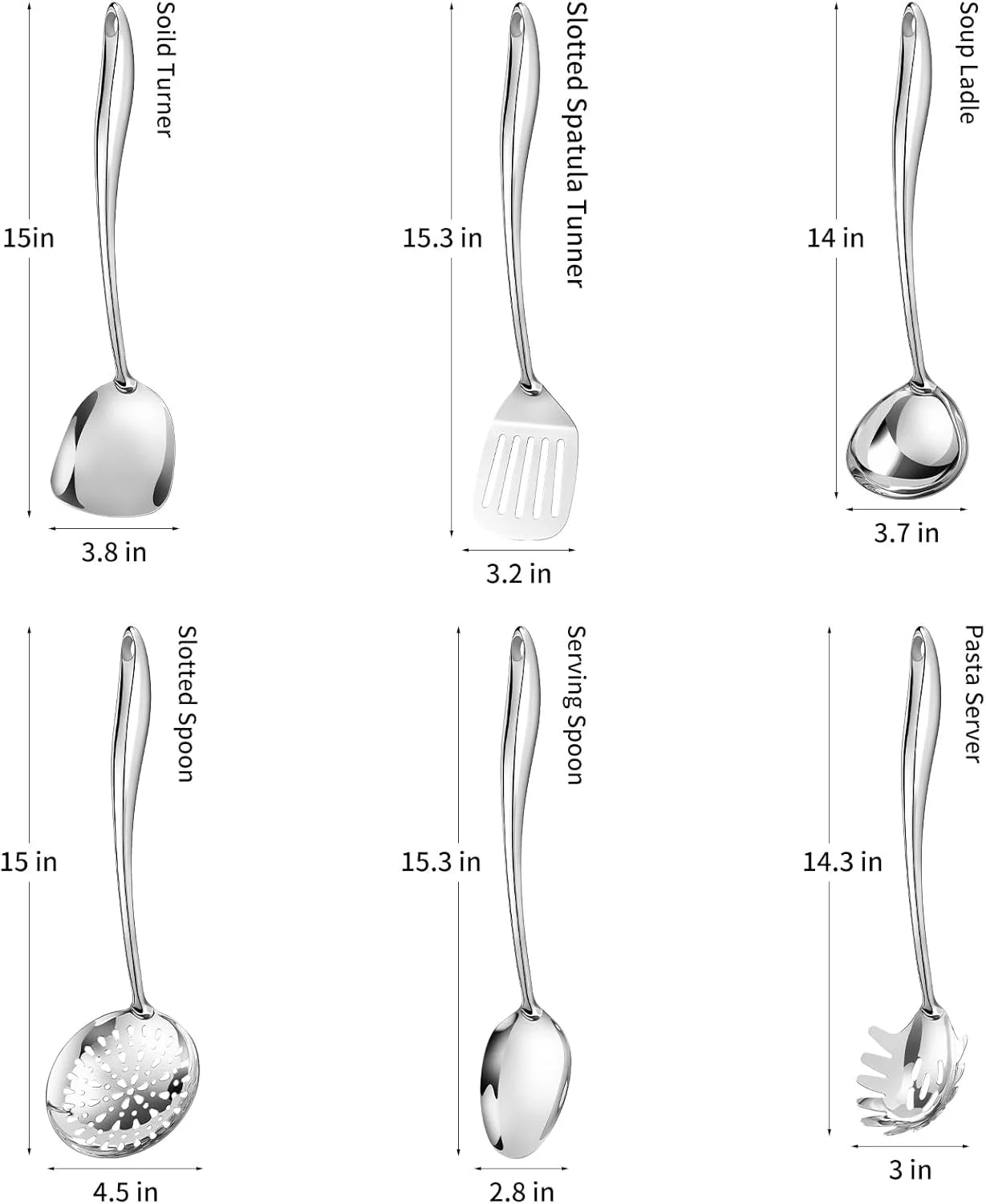 304 Stainless Steel Cooking Utensils Set,6 Pcs Long Metal Kitchen Utensils Set with Spatula Solid Spoon Ladle Skimmer Spaghetti Spoon,Dishwasher Suitable – Durable Stainless Steel Construction with a Practical Everyday Design