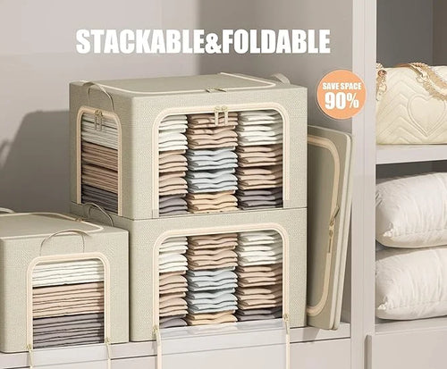 3 Openings Clothes Storage Bins with Metal Frame Foldable Storage Bin for Clothes Clothing Storage Bins with Lid Linen Storage Box With Clear Window＆ Zippers＆ Durable Handles.(3 – Multiroom Organization Format with a Practical Everyday Design