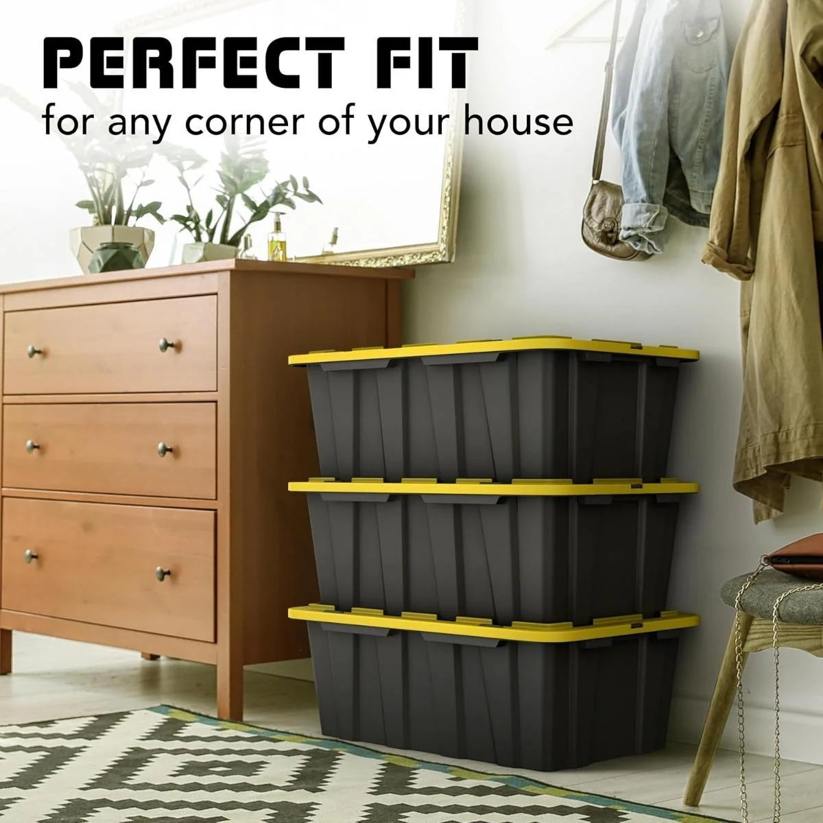 8 PACK of Medium 12 Gallon Plastic Storage Bin Tote Organizing Container with Ultra Durable Secure Latching Lids Stackable Extra Strength Clear with Built in Handle - Black and Yellow – Stackable Organization with a Practical Everyday Design