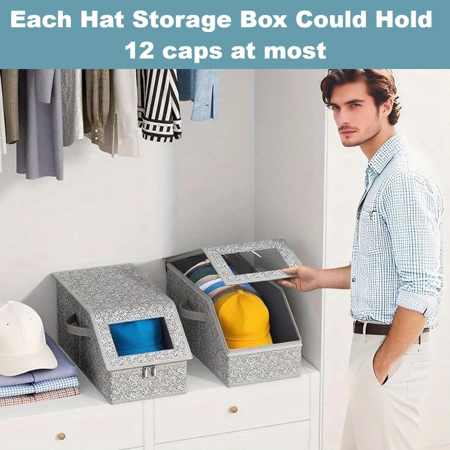 4 PCS Stackable Hat Storage for Baseball Caps Hat Storage Boxes for Closet Holds up to 12 Caps with Cardboard Hat Organizer for Women & Men (Grey) – Stackable Organization with a Practical Everyday Design
